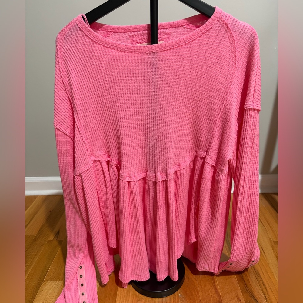 We The Free Bright Pink Long Sleeve Waffle Knit Top